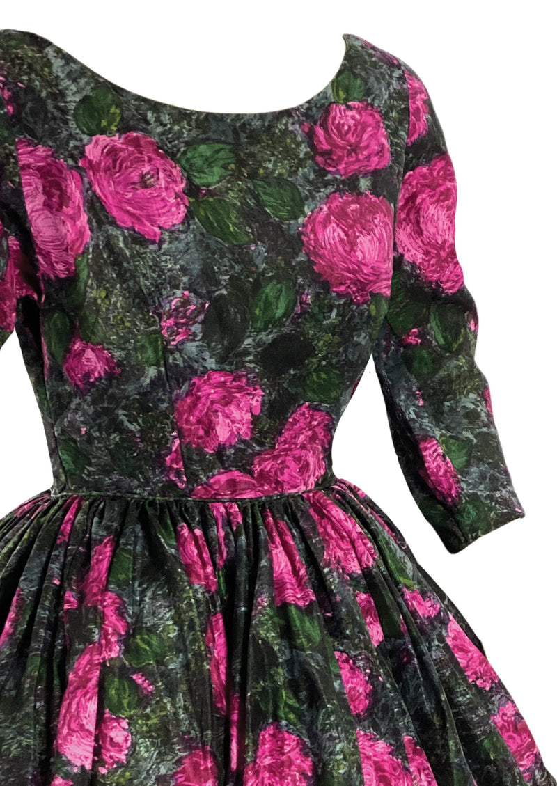 Late 1950s Early 1960s Magenta Roses Silk Dress - New!