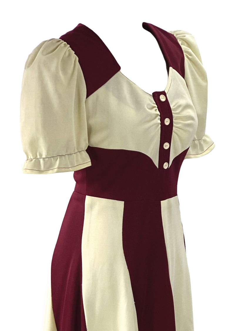 Vintage 1970s Burgundy & Cream Colour Block Maxi Dress - NEW!