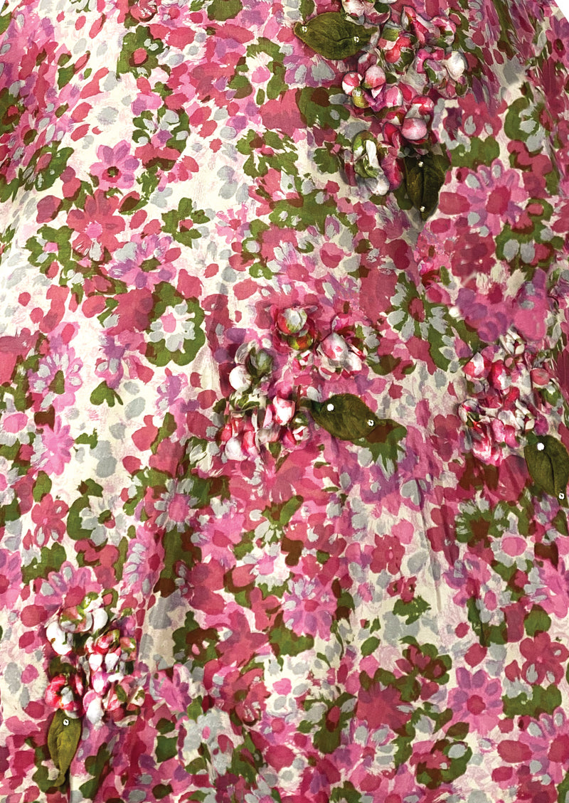Eye-Catching 1950s Pink Floral 3D Applique Silk Dress - New!