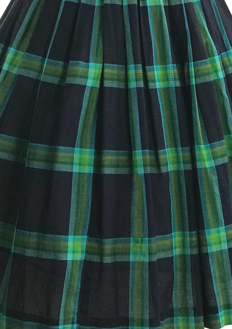 Vintage 1950s Black & Green Plaid Cotton Dress- New!