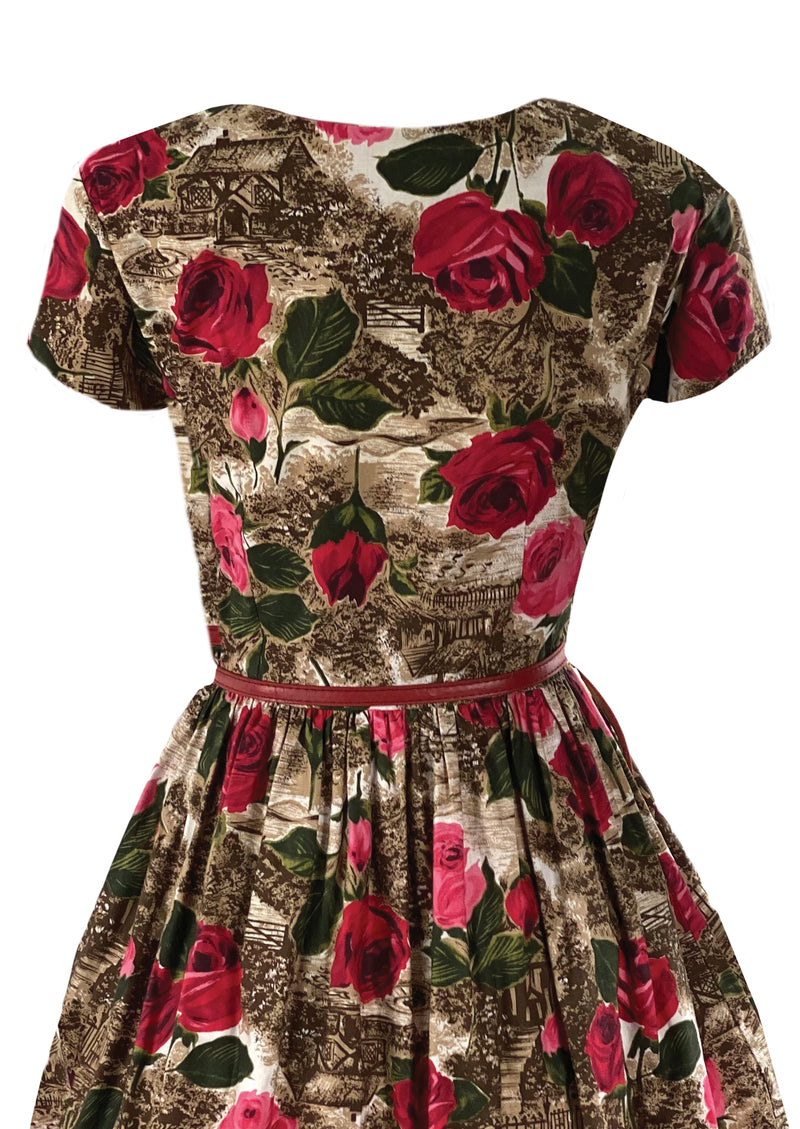 Late 1950s Rural Countryside with Roses Novelty Print Dress- NEW!