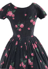 Vintage 1950s Pink Roses on Black Cotton Dress- New!