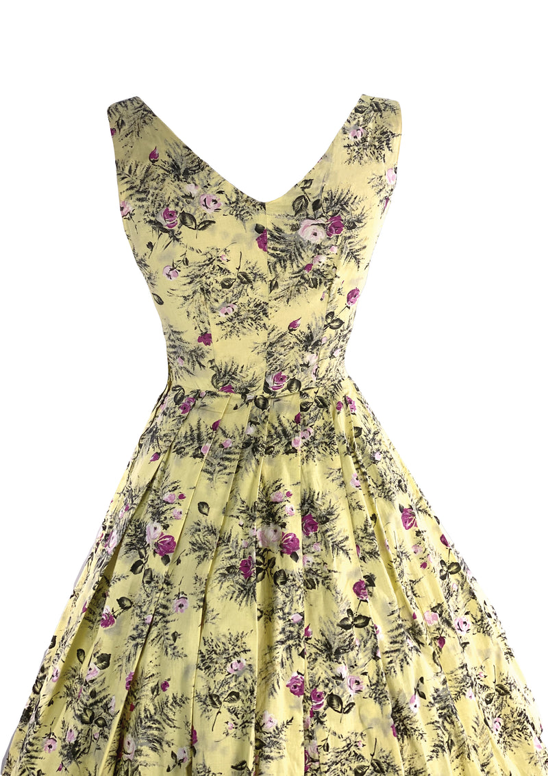 1950s Creamy Buttercup Yellow Cotton Dress with Rose Print- New!