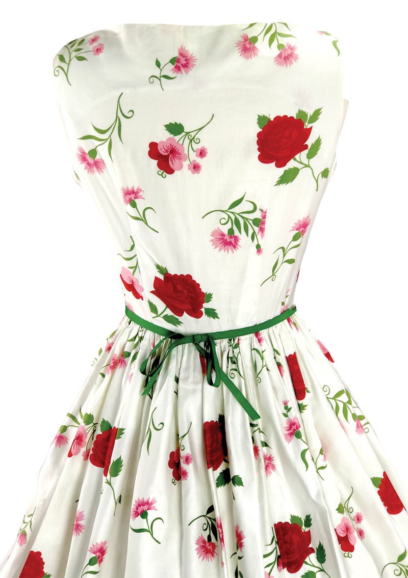 1950s Pink/Red Carnations & Roses on White Cotton Dress  - New!