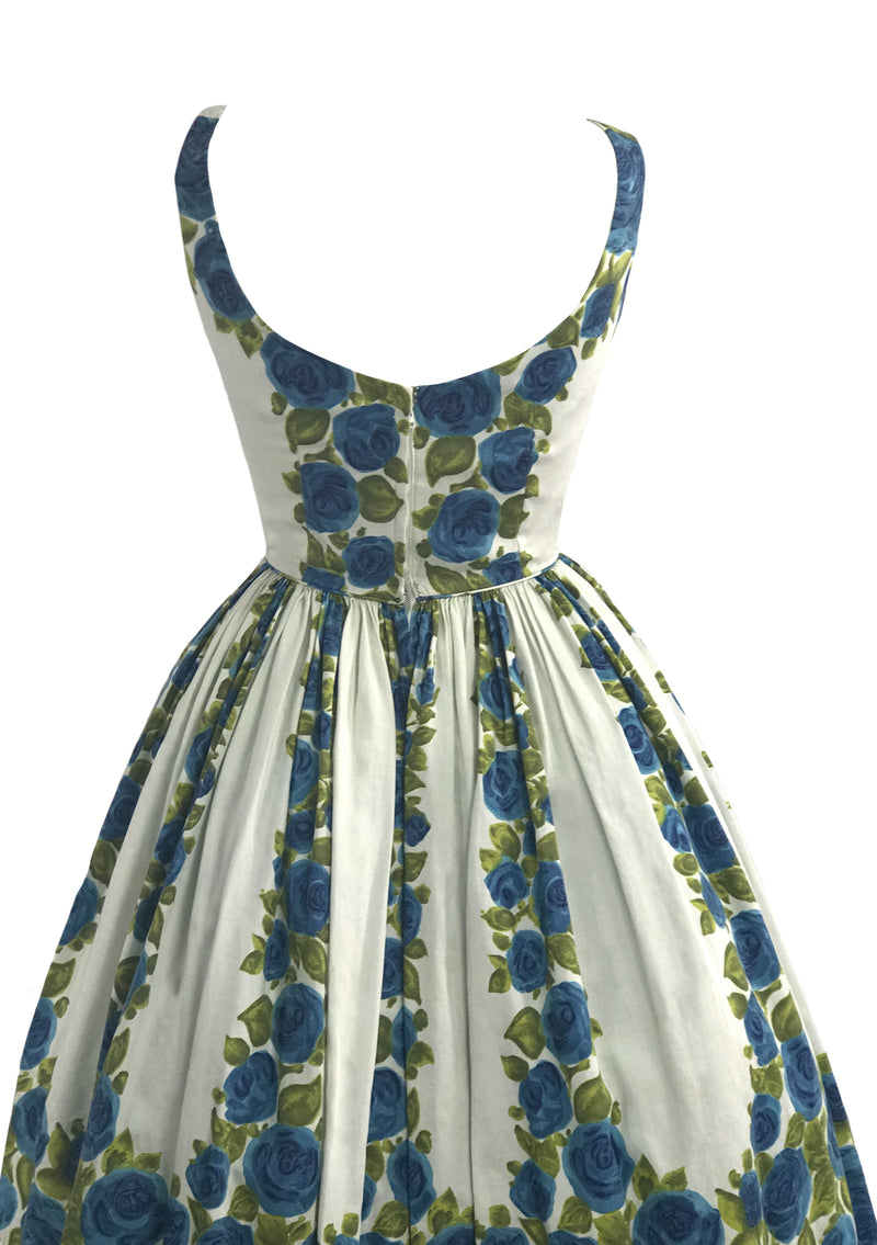 Vintage 1950 Blue Roses Column Print Cotton Dress- New! Coutura Vintage Vintage 1950 Blue Roses Column Print Cotton Dress- New! Coutura Vintage