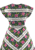 Vintage 1950s Pink Roses Stripe Cotton Dress - New!