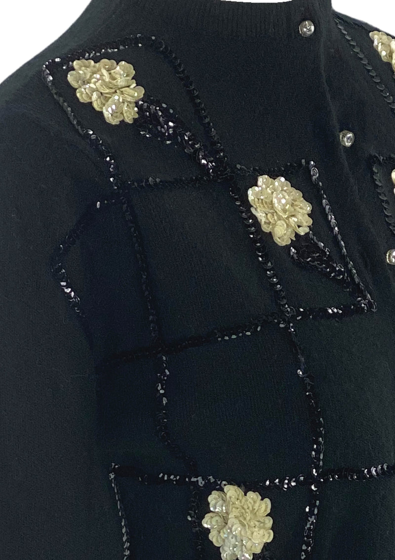 Vintage 1950s Black Cardigan with Cream Sequins- New! ON HOLD