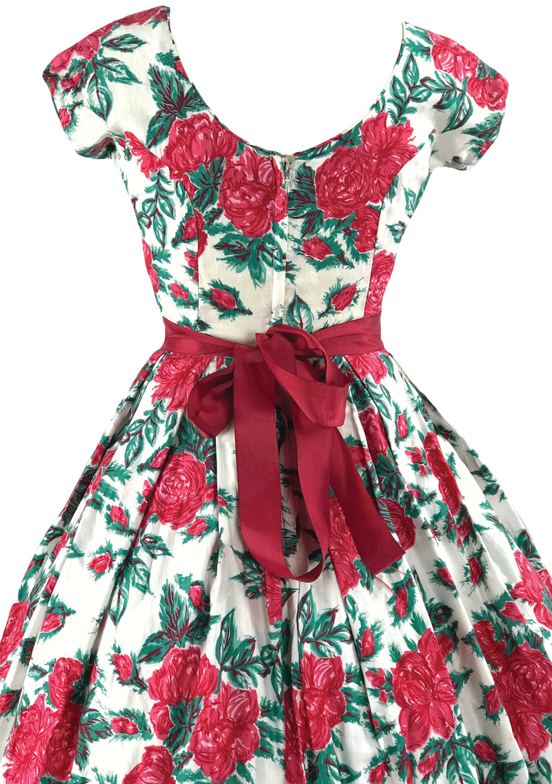 Vibrant 1950s Red Rose Print Cotton Dress- New!