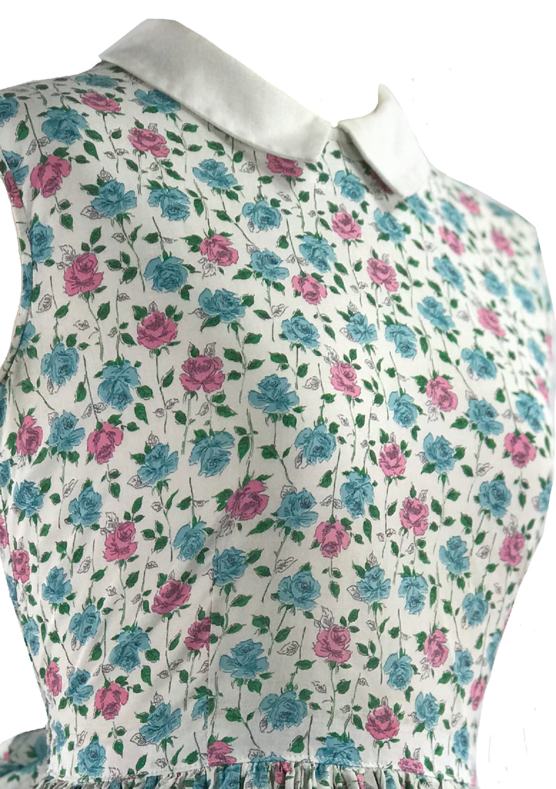 Vintage 1950s Pink and Blue Roses Floral Cotton Dress - New! (ON HOLD)