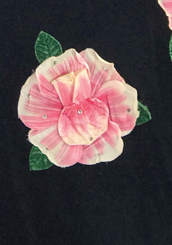 1950s Designer Black Velvet 3D Rose Appliques Dress - New!