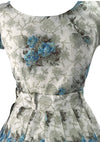 Lovely 1950s Blue Roses Taupe Embroidered Cotton Dress Set - New!