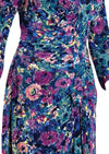1940s Muted Blue and Purple Floral Rayon Jersey Dress - New!