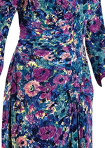 1940s Muted Blue and Purple Floral Rayon Jersey Dress - New!