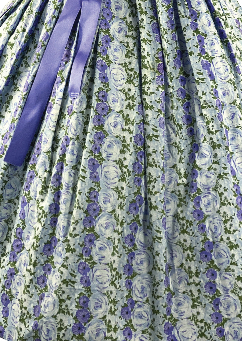 Glorious 1950s Blue Rose Print Cotton Dress - New!