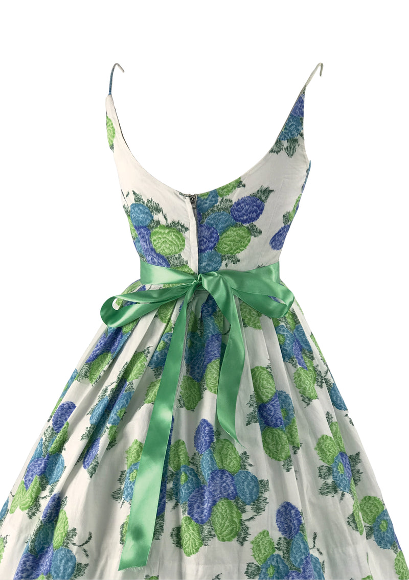 Vintage 1950s Blue Green Geranium Sprays Cotton Dress - New!