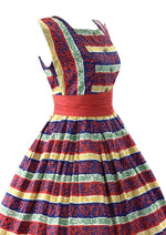 Late 1950s Colourful Striped Cotton with Scrollwork Dress- New!