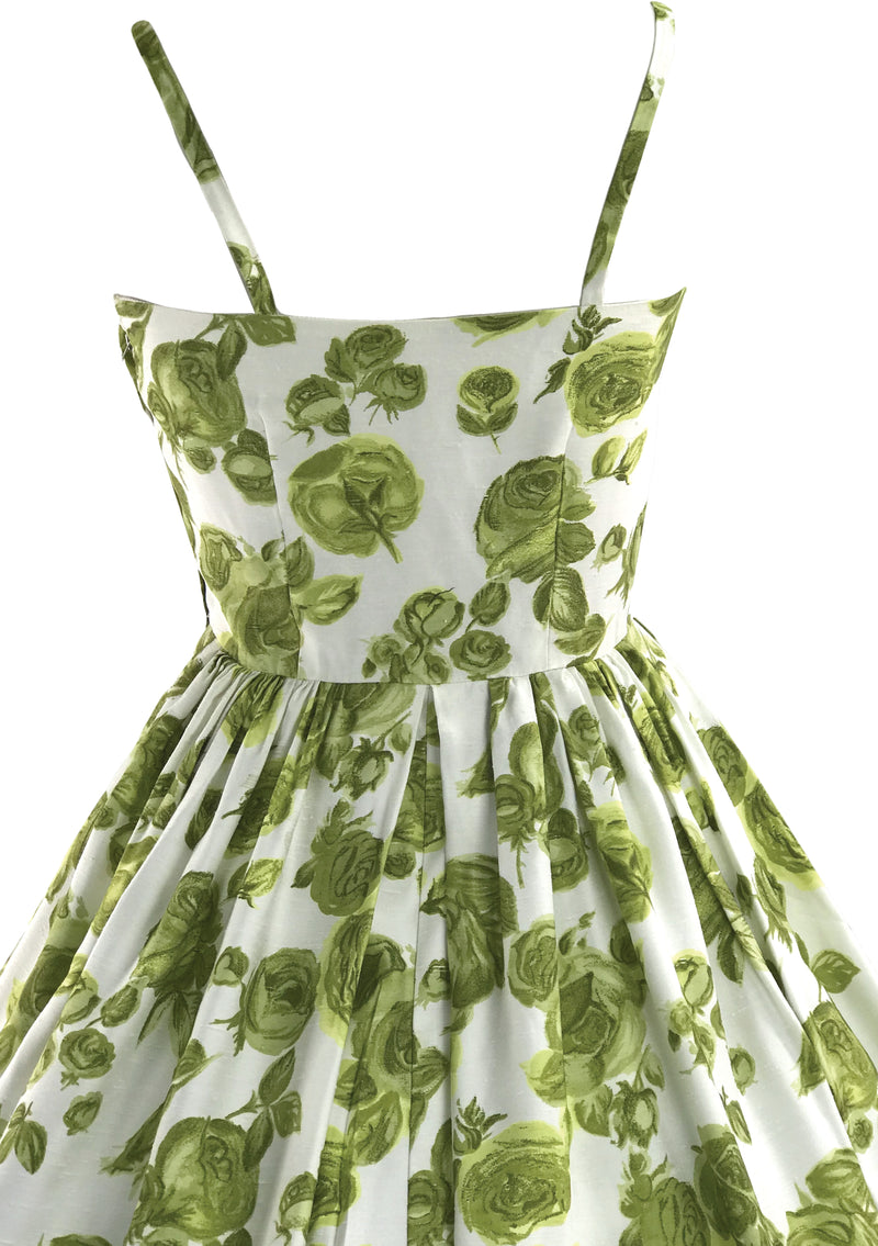 Vintage 1950s Green Roses Slub Silk Dress & Jacket Ensemble- New!