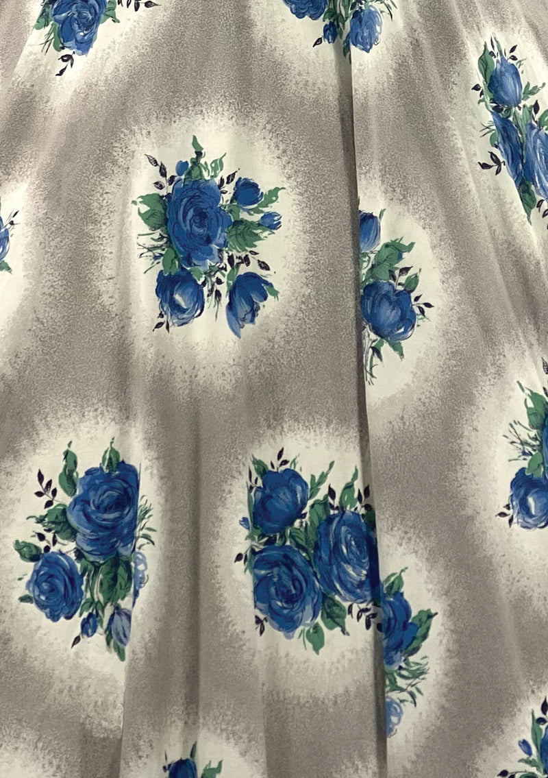 Vintage 1950s Blue Cameo Roses Cotton Dress- New!