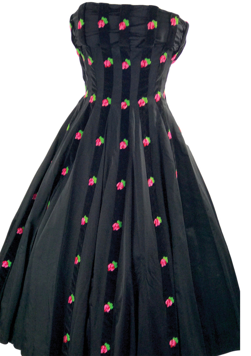 1950s Pink Roses Embroidered Black Satin Party Dress - New!