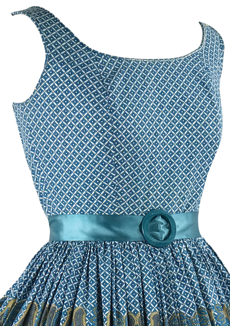 Stunning 1950s Blue Geometric Paisley Border Print Dress- New!