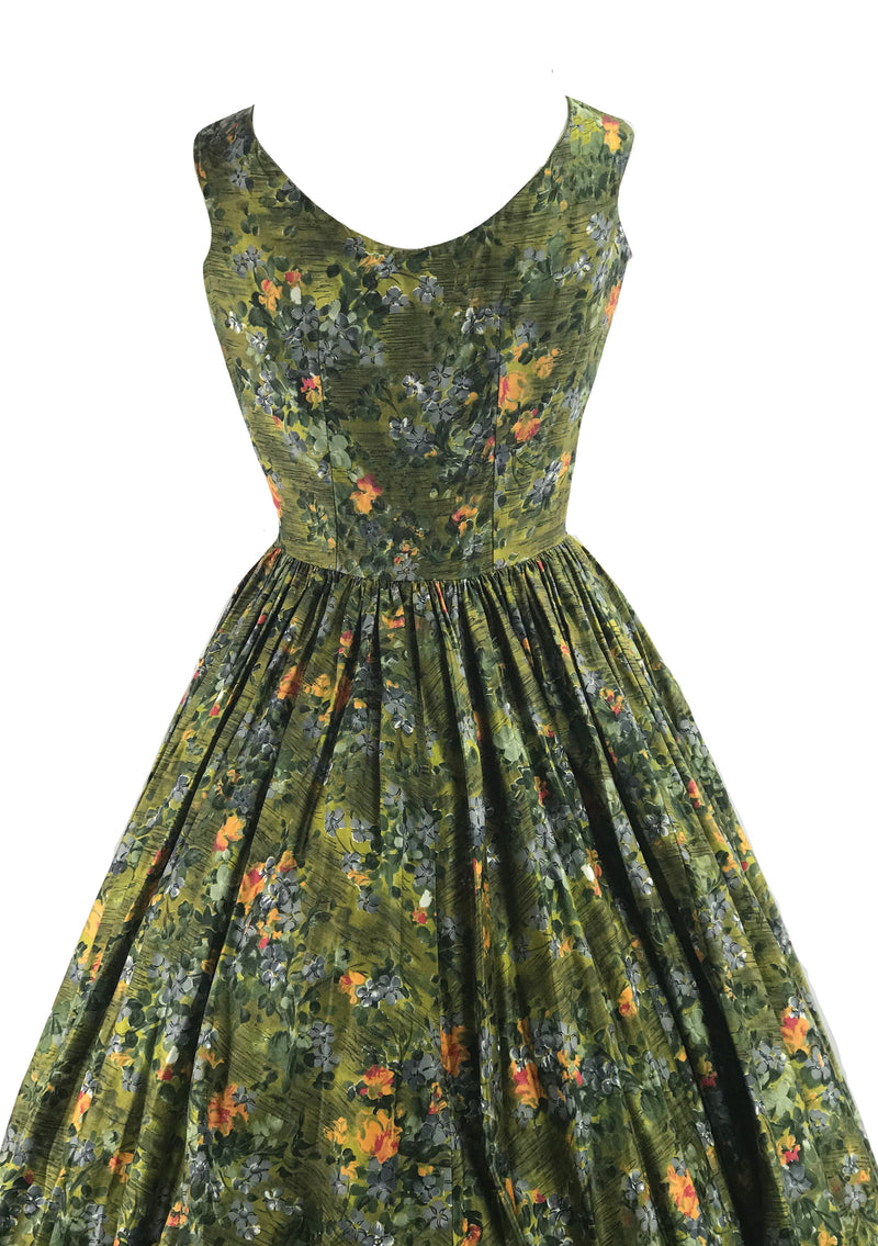 Beautiful 1950s Olive Green Floral Cotton Dress- New!