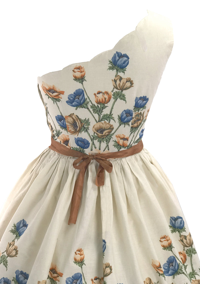1950s Blue & Bronze Floral Border Cotton Dress  - New! (LAYAWAY)