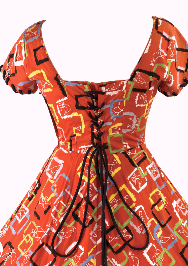 Vintage 1950s Orange Red Cotton Atomic Novelty Print Dress - New!