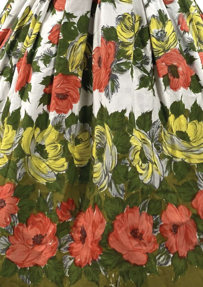 Vintage 1950s Golden and Tangerine Roses Cotton Dress - New!