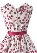 1950s Magenta Roses Waffle Weave Cotton Dress - New!