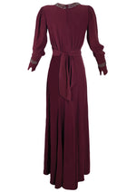 Stylish 1940s Burgundy Crepe Gown with Rhinestones and Beads- New!