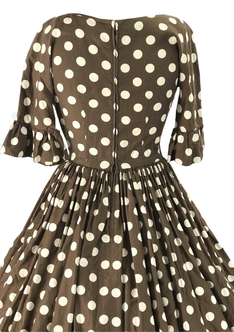 Late 1950s Cocoa Polka Dot Cotton Dress - New!