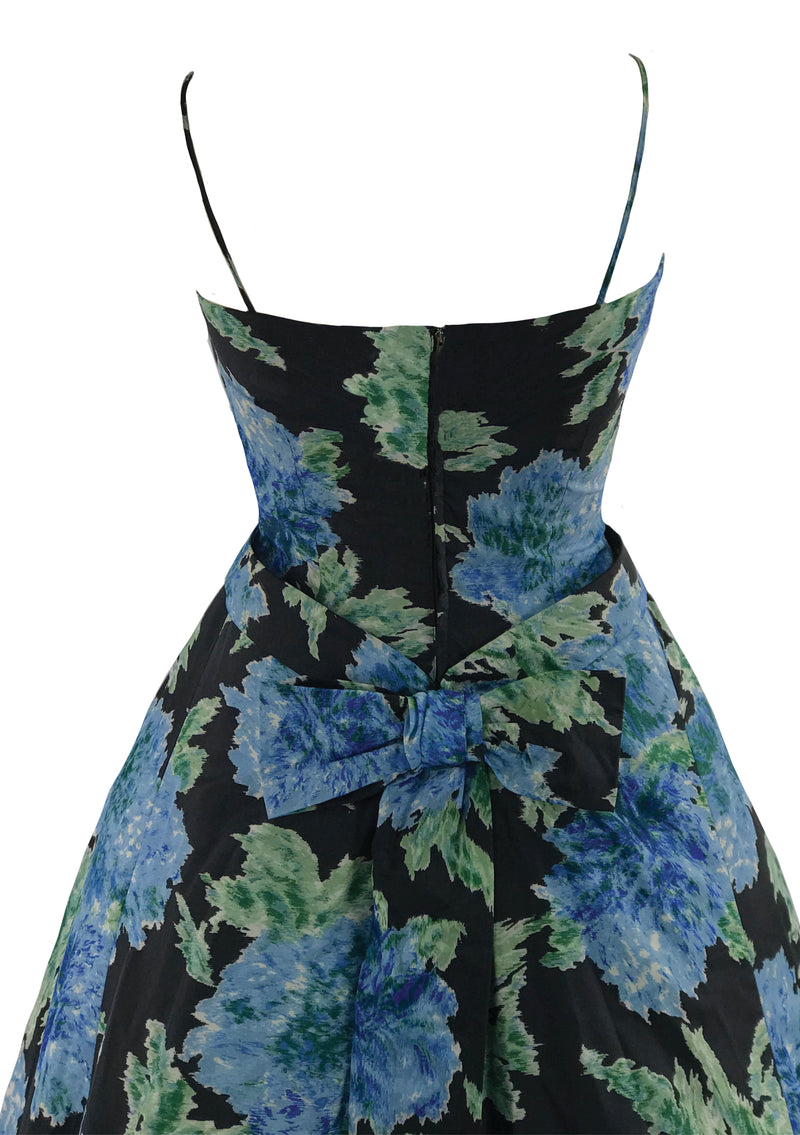 1950s Muted Blue Roses Taffeta Party Dress- New!