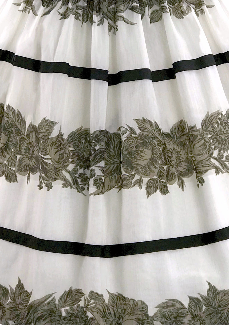 Vintage 1950s Black & White Rose Floral Border Print Dress- New!