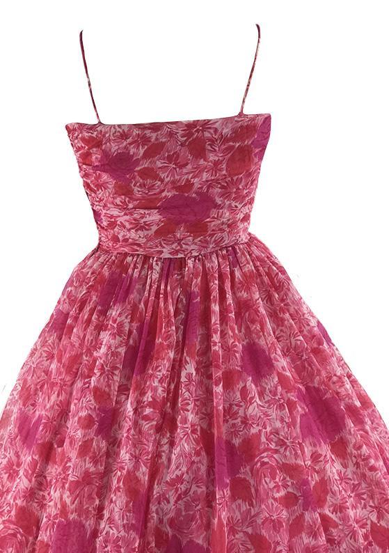 Vintage 1950s Fuchsia Pink Rose Print Chiffon Dress - New!