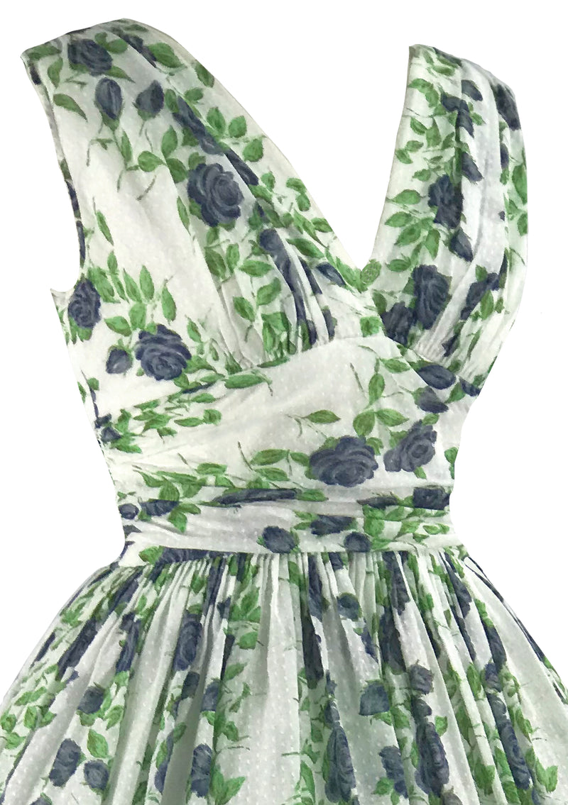 Vintage 1950s Trailing Blue Roses Swiss Dot Dress- New!