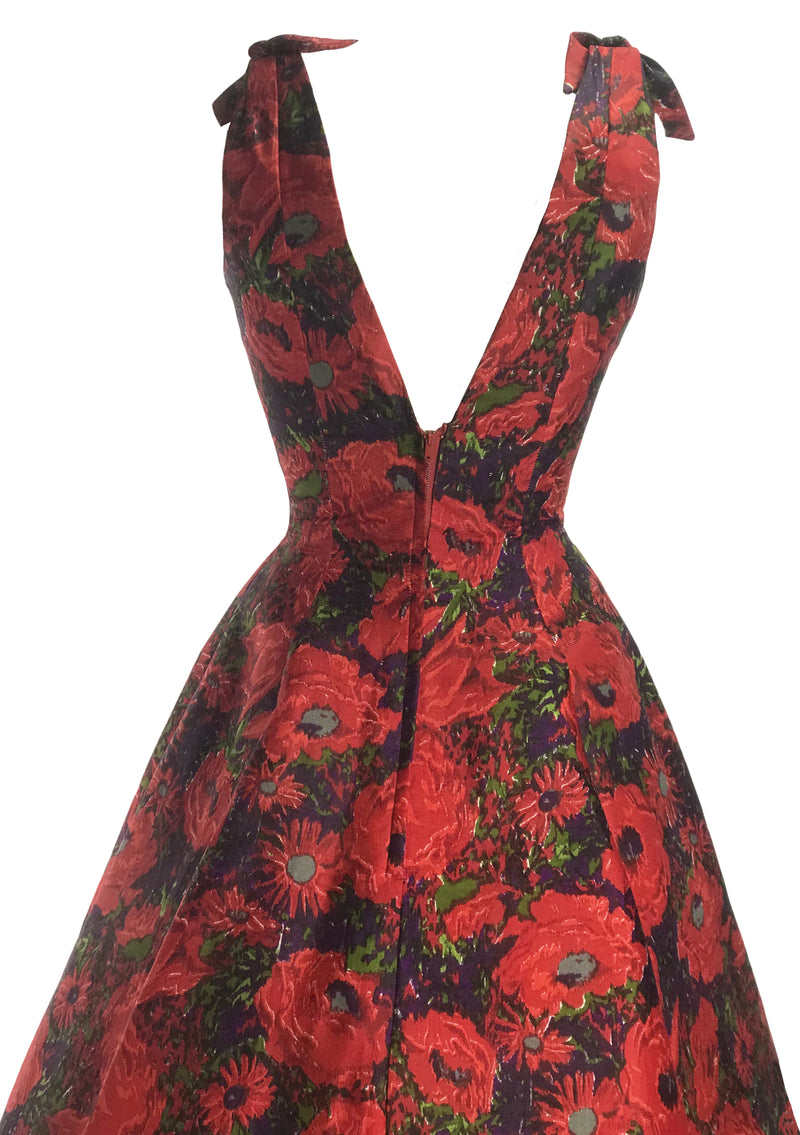 Late 1950s Early 1960s Red Floral Silk Designer Party Dress- New!