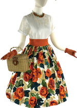 Vintage 1950s Vibrant Tangerine Roses Skirt - New!