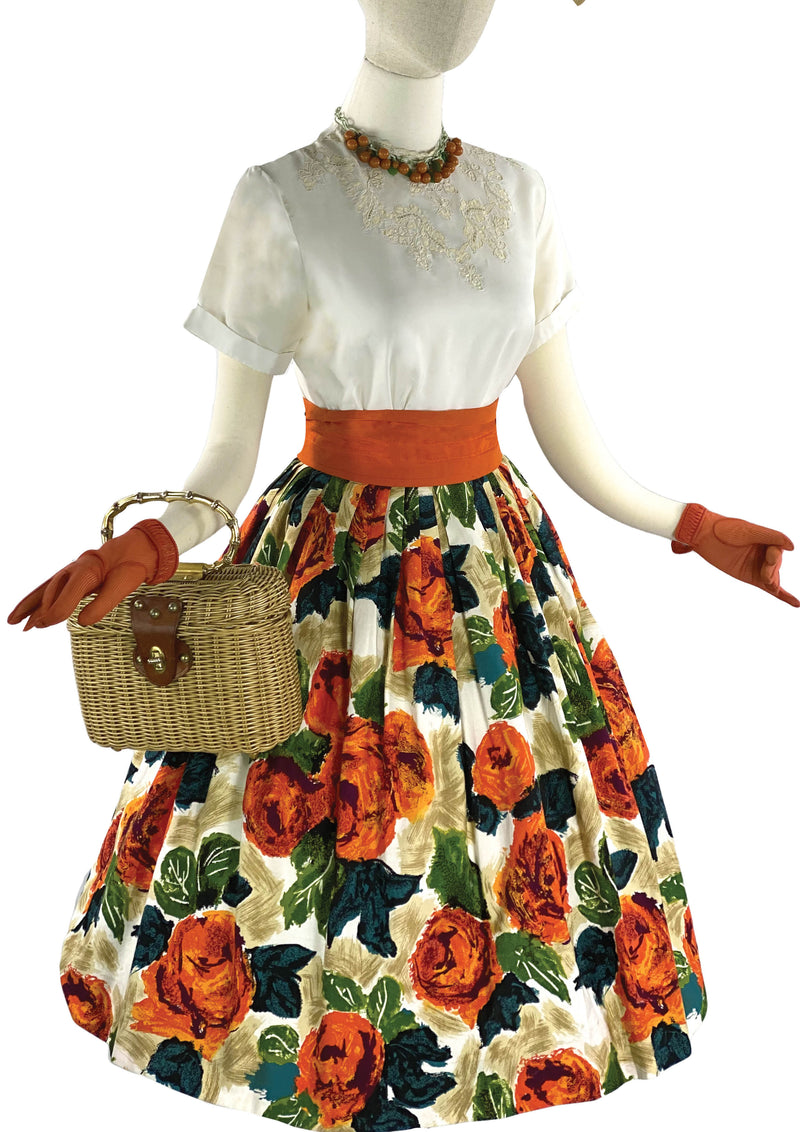 Vintage 1950s Vibrant Tangerine Roses Skirt - New!