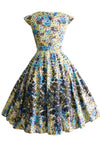 1950s Blue & Yellow Roses Cotton Dress with Flocking - New!