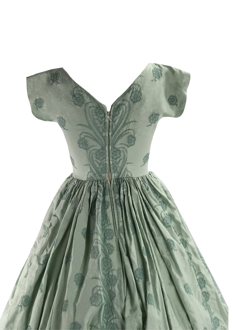 Lovely 1950s Mint Green Cotton Embroidered Dress- New!