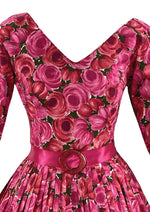 Gorgeous 1950s 1960s Magenta Roses Cotton Dress  - New!
