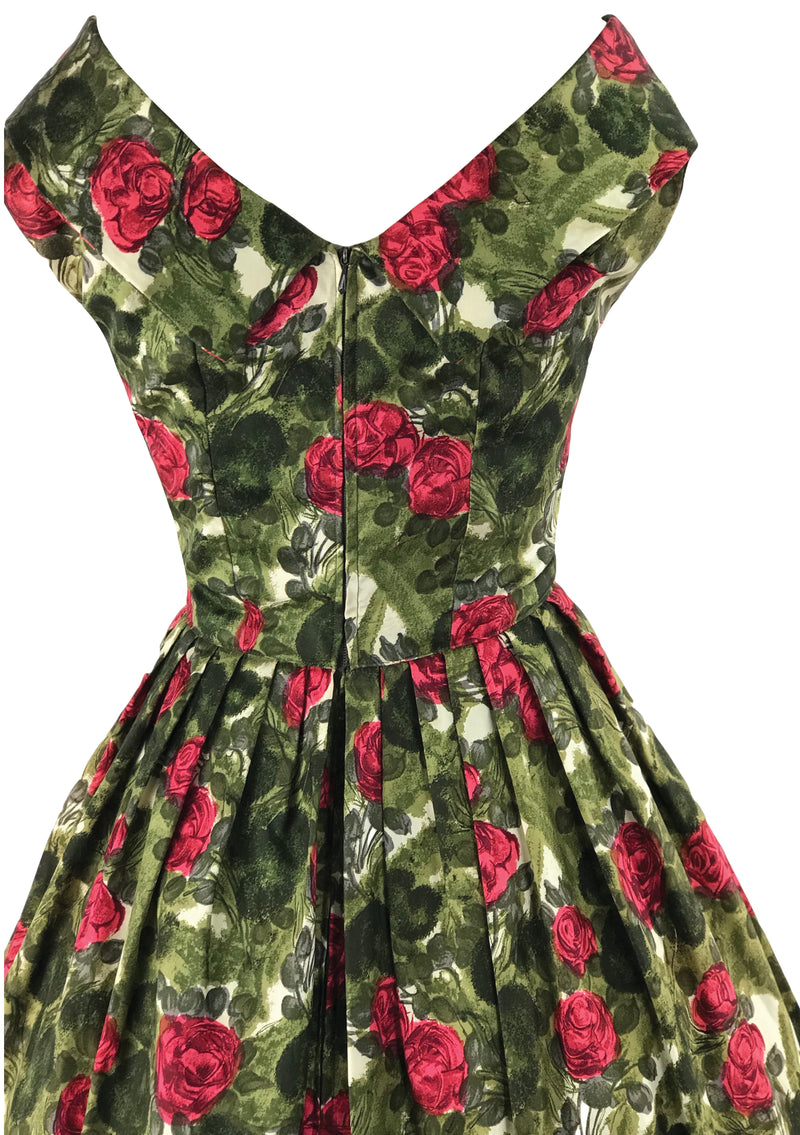 1950s Red Roses and Green Leaves Silk Blend Dress- New!