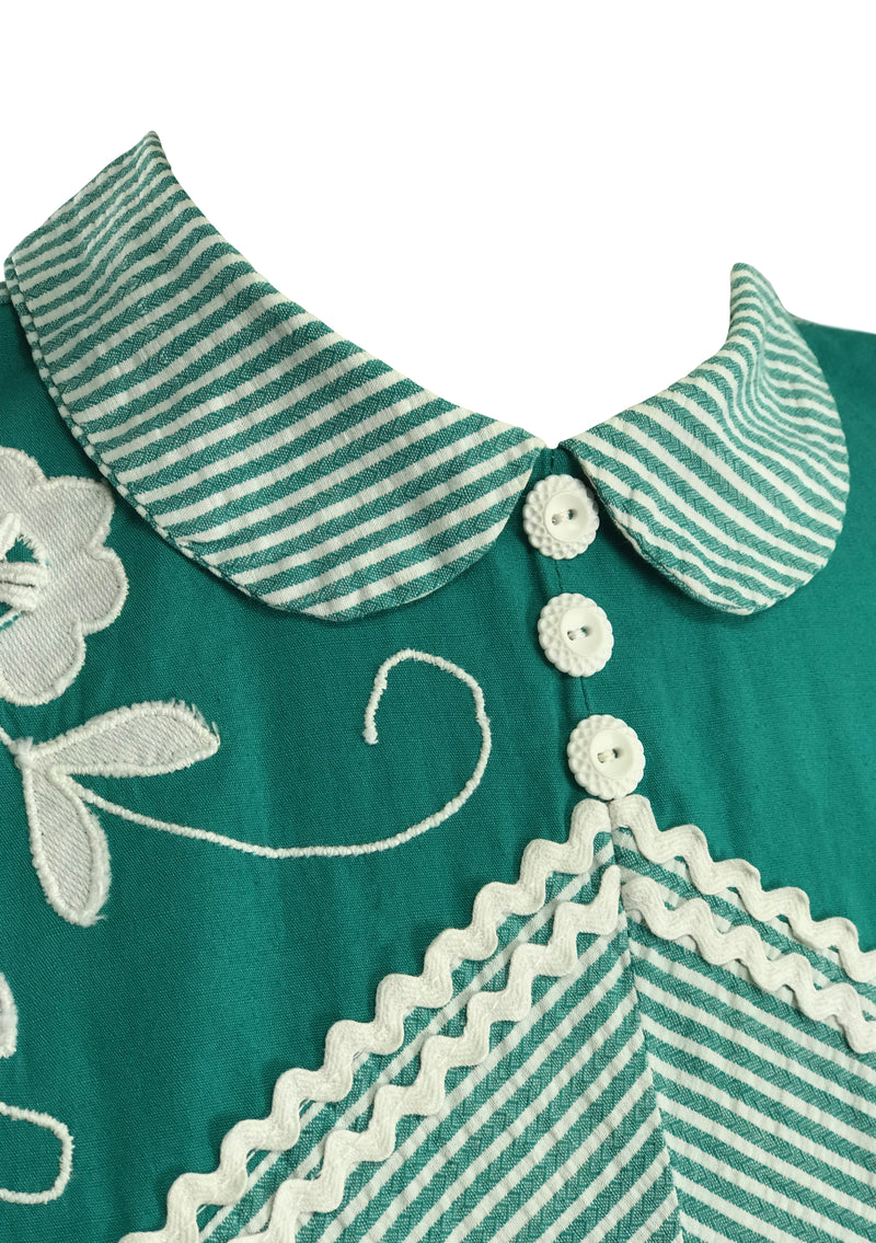 1940s Green & White Chevron Stripe Dress with Applique - New! Coutura Vintage 1940s Green & White Chevron Stripe Dress with Applique - New! Coutura Vintage