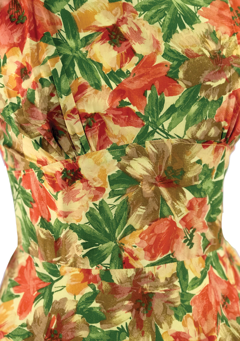 Pretty 1950s Orange Hibiscus Floral Cotton Dress - New!