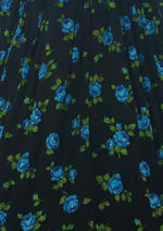 Late 1950s Early 1960s Black Cotton with Blue Roses Dress - NEW!