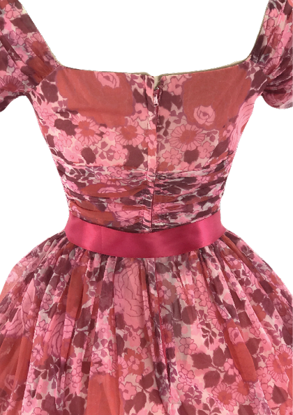 1950s Watermelon Pink Floral Chiffon Party Dress - New!