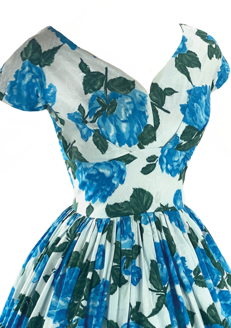 Late 1950s Vibrant Blue Roses California Cottons Dress- New! (ON HOLD)