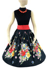 Beautiful 1950s Colourful Floral Black Cotton Skirt - New!