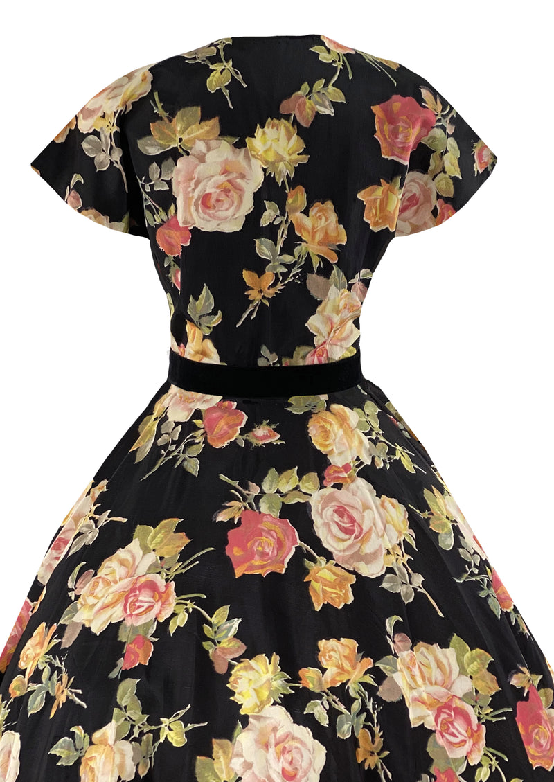 Striking Late 1950s Pink Cabbage Roses on Black Taffeta Dress- NEW!