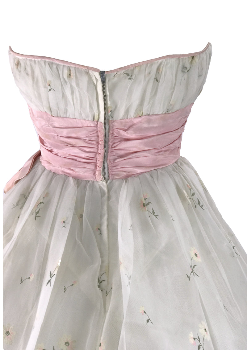 1950s Ivory and Pink Garland Flocked Party Dress - New!